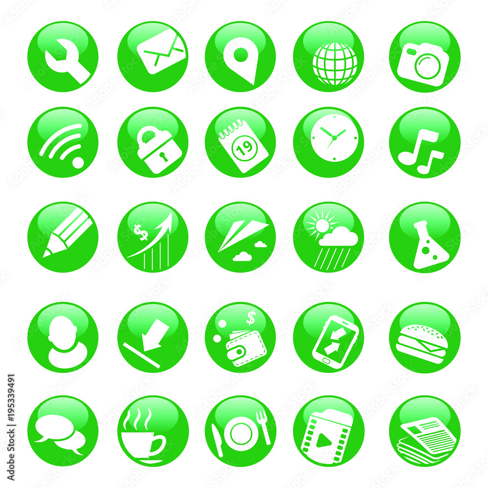 Set of vector green round volume icons with glare for web Set of vector green round volume icons with glare for web