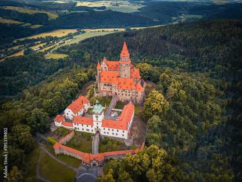 Aerial of medieval castle on the hill in Czech region of Moravia