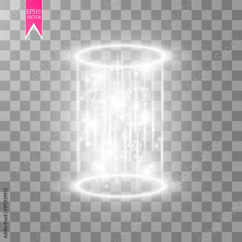 Magic fantasy portal. Futuristic teleport. Light effect. Blue candles rays of a night scene with sparks on a transparent background. Empty light effect of the podium. Disco club dancefloor.