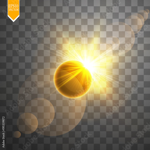 Total solar eclipse vector illustration on transparent background. Full moon shadow sun eclipse with corona vector illustration