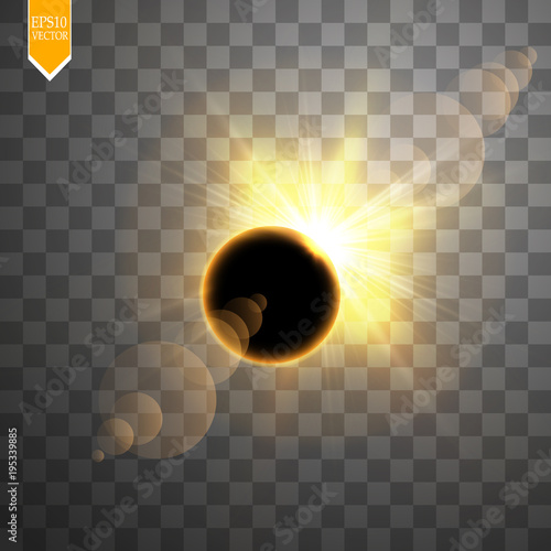 Total solar eclipse vector illustration on transparent background. Full moon shadow sun eclipse with corona vector illustration