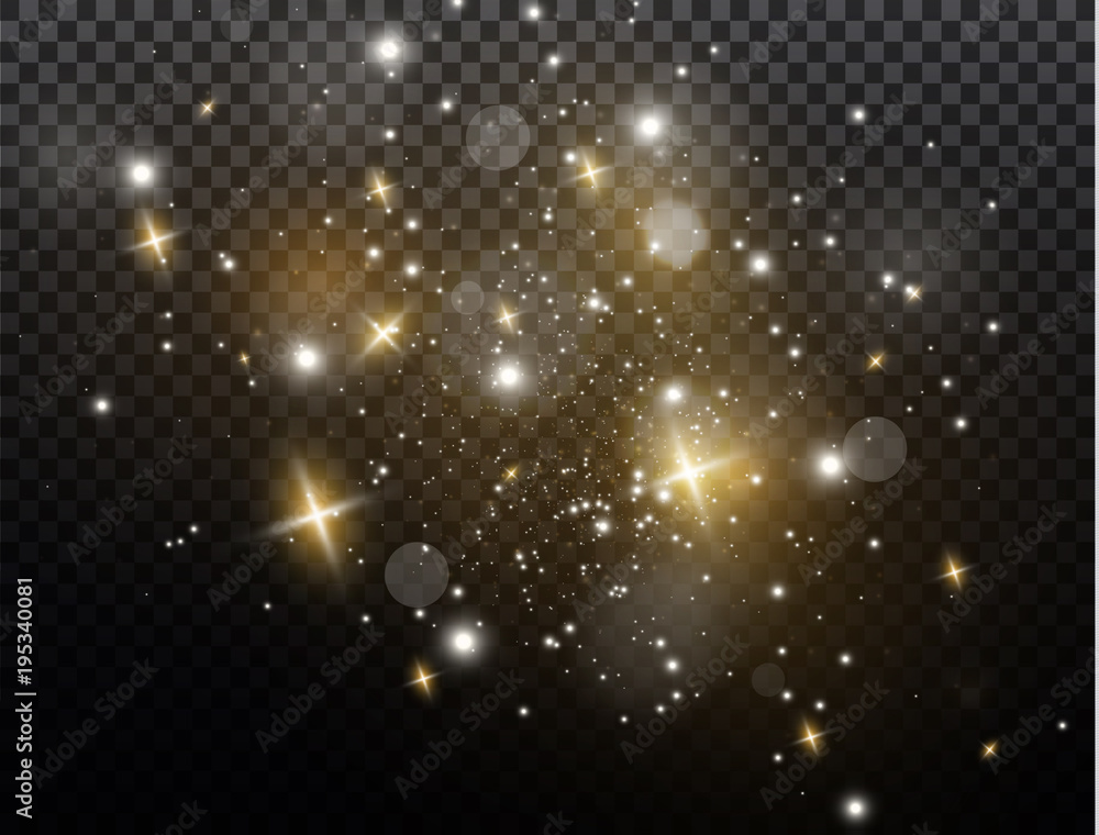 White sparks and golden stars glitter special light effect. Vector sparkles on transparent background. Christmas abstract pattern. Sparkling magic dust particles. - obrazy, fototapety, plakaty 
