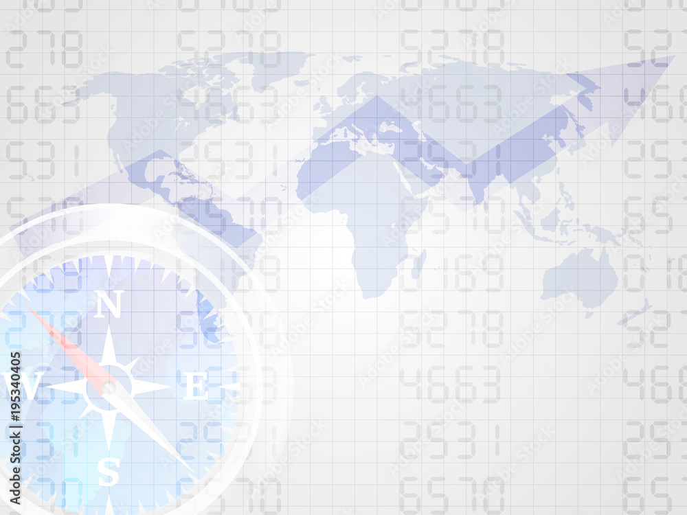 The compass on number and world map represent concept of investment. Trend of stock market chart. Business concept. Vector illustration.