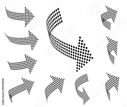 Set of vector arrow icons. Dotted halftone graphic effect.