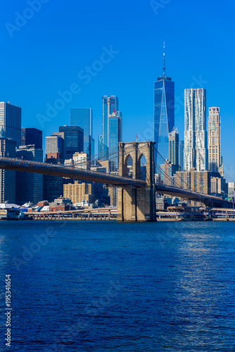 Fototapeta Naklejka Na Ścianę i Meble -  Lower Manhattan Downtown skyline panorama from Brooklyn Bridge Park riverbank, New York City, USA