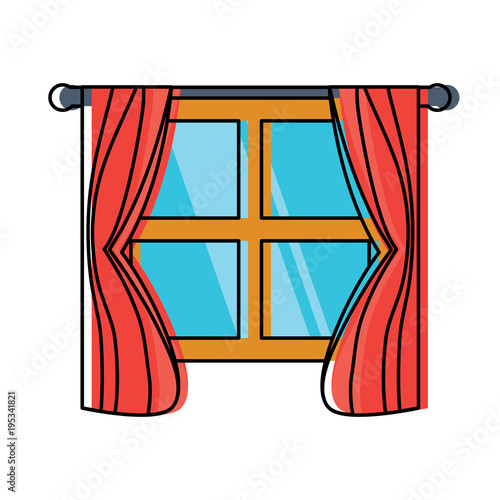 house window with curtains over white background, colorful design.  vector illustration