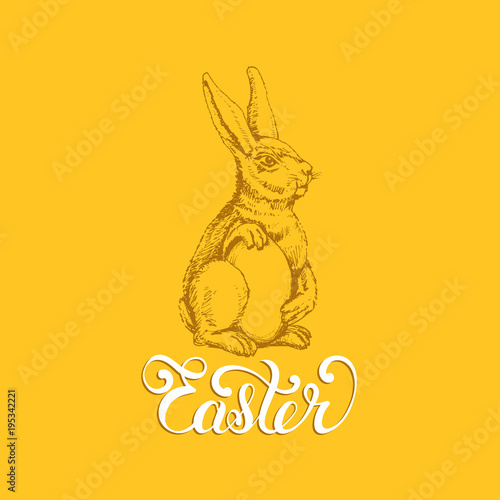 Hand lettering Easter in vector.Drawn illustration of paschal egg and Bunny for holiday poster, greeting card etc.