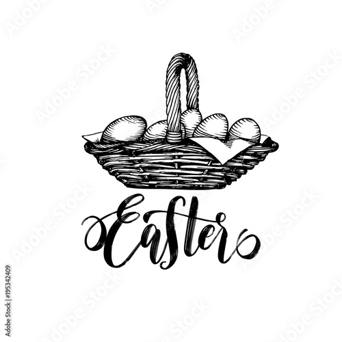 Handwritten phrase Easter in vector. Drawn illustration of basket of paschal eggs for poster, greeting card etc.