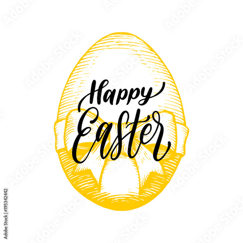 Hand lettering Happy Easter in vector.Drawn paschal egg illustration for holiday poster, greeting card etc.