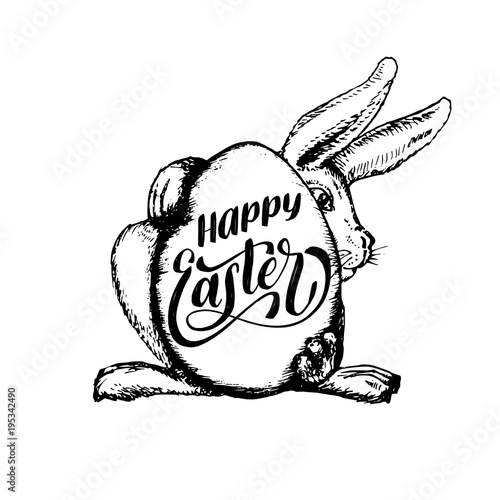 Hand lettering Happy Easter in vector.Drawn illustration of paschal egg and Bunny for holiday poster, greeting card etc.