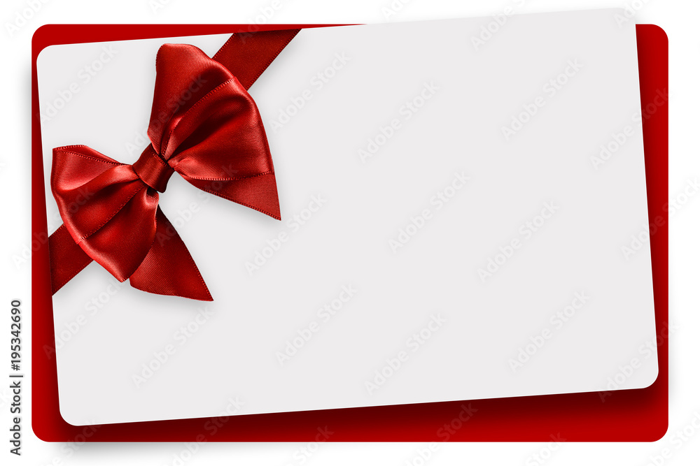 Greeting card with red satin ribbon and bow, isolated on white background Greeting card with red satin ribbon and bow, isolated on white background