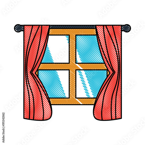 house window with curtains over white background, colorful design.  vector illustration