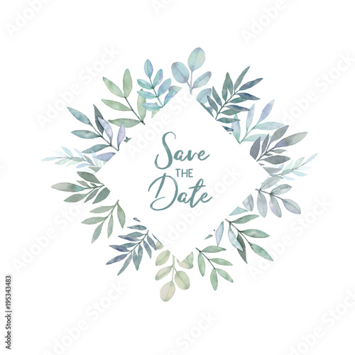 Hand drawn watercolor illustration. Botanical label with green branches and leaves. Hello Spring. Floral Design elements. Perfect for invitations, greeting cards, prints, packing etc