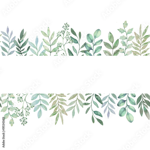 Hand drawn watercolor illustration. Botanical seamless background of green branches and leaves. Hello Spring. Floral Design elements. Perfect for invitations  greeting cards  prints  packing etc