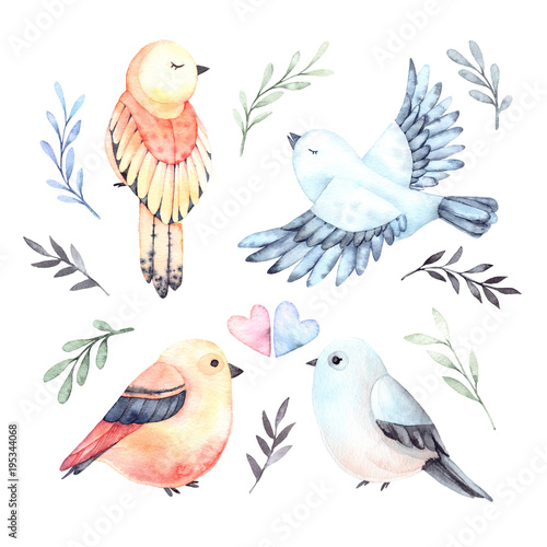 Watercolor illustrations. Four cute birds with green branches and leaves. Spring mood. Floral Design elements. Perfect for invitations, postcards, prints and posters © Kate Macate