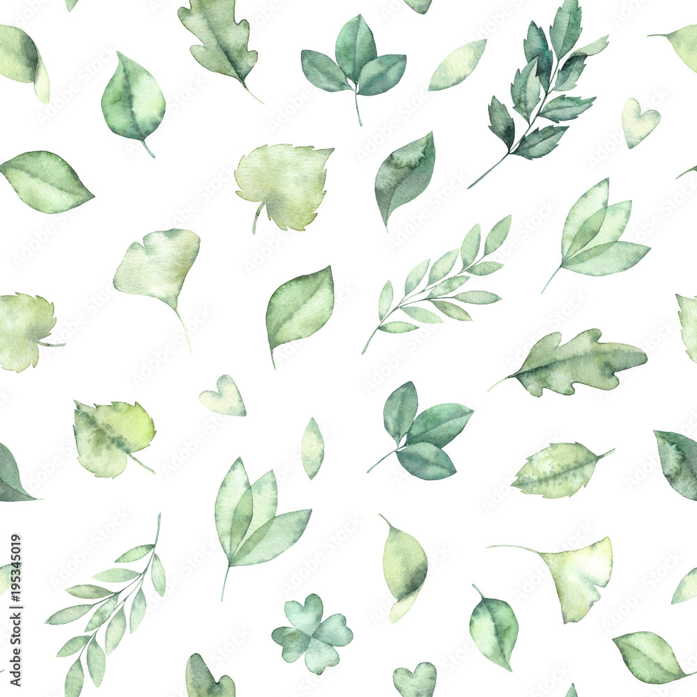 Spring watercolor seamless pattern. Botanical background with green leaves, branches and herbs. Perfect for wedding invitations, textiles, fabric, prints, packing etc Spring watercolor seamless pattern. Botanical background with green leaves, branches and herbs. Perfect for wedding invitations, textiles, fabric, prints, packing etc