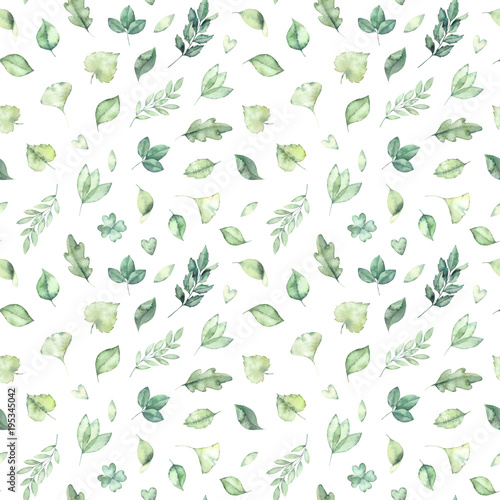 Spring watercolor seamless pattern. Botanical background with green leaves, branches and herbs. Perfect for wedding invitations, textiles, fabric, prints, packing etc