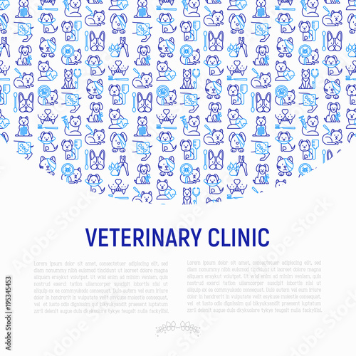 Veterinary clinic concept with thin line icons: broken leg, protective collar, injection, cardiology, cleaning of ears, teeth, shearing claws, bandage on eye, blood transfusion. Vector illustration.