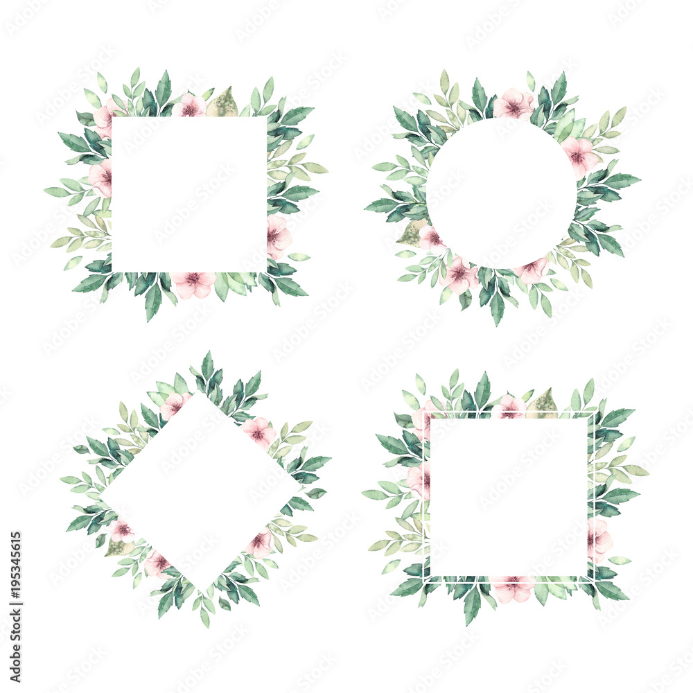 Hand drawn watercolor illustration. Botanical labels with green branches, leaves and flowers. Spring mood. Floral Design elements. Perfect for invitations, greeting cards, prints, packing etc Hand drawn watercolor illustration. Botanical labels with green branches, leaves and flowers. Spring mood. Floral Design elements. Perfect for invitations, greeting cards, prints, packing etc