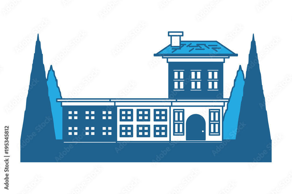 Big house surrounded by trees over white background, blue shading design. vector illustration