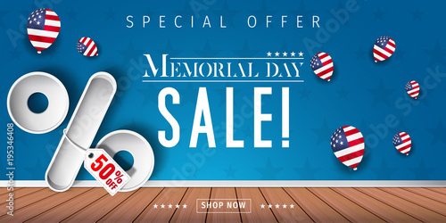 Banner for Memorial day sale design. Memorial day sale on a dark blue background with 3d percent symbol. Vector illustration for business promotion.