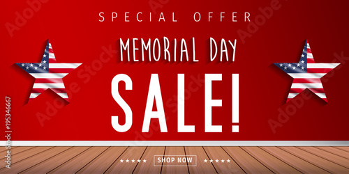 Banner for Memorial day sale design. Memorial day sale on a dark blue background with 3d percent symbol. Vector illustration for business promotion.