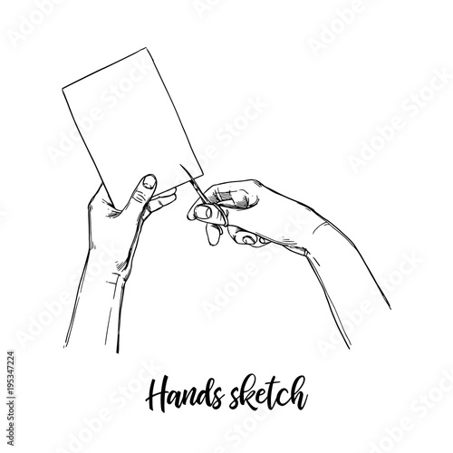 Hand drawn vector illustration. Set of hand gestures, Man cuts paper. Sketch style. Perfect for business presentations, magazins, prints, posters etc