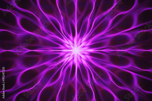 Fractal with abstract, wavy rays radiating from the center in pink on deep purple background