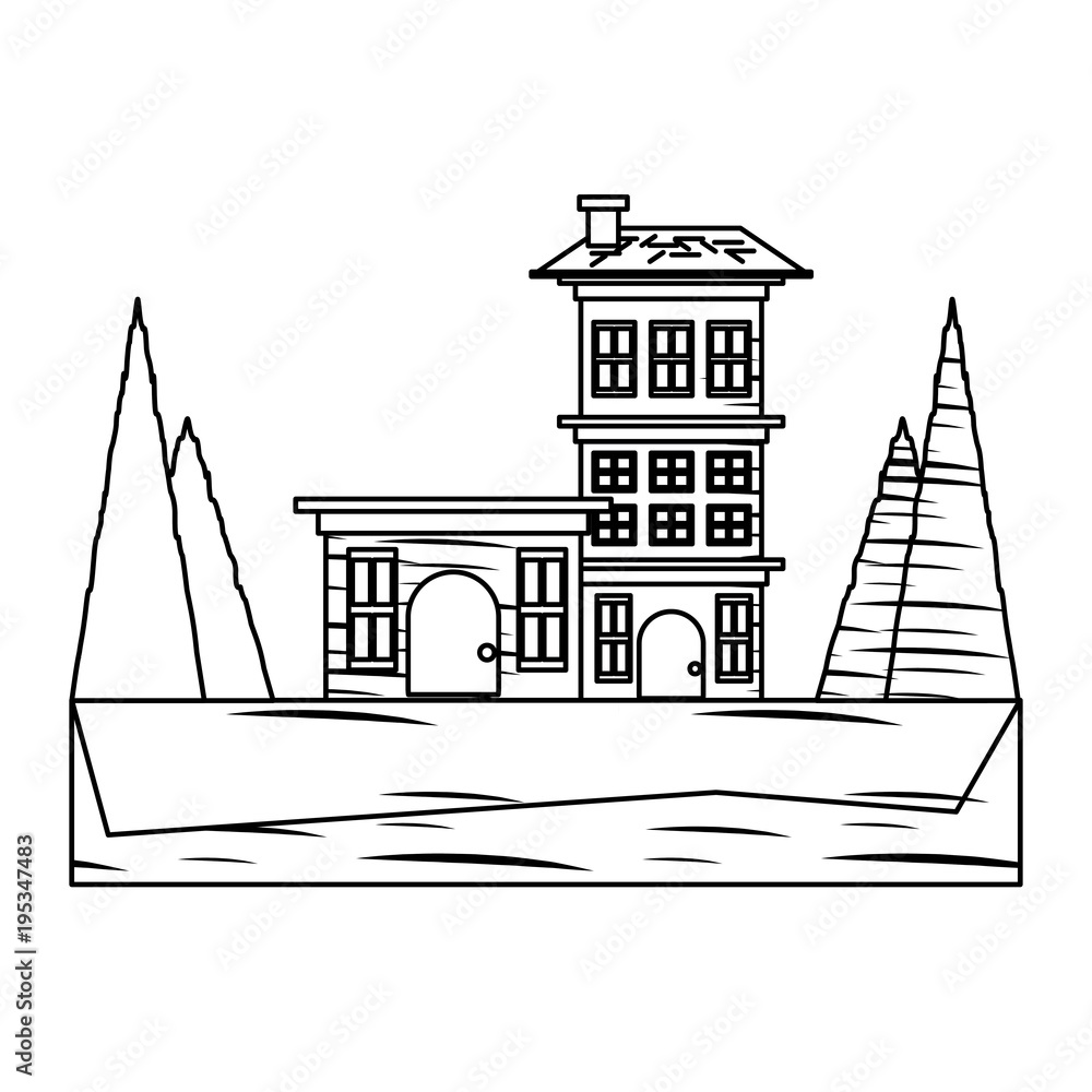 Obraz premium sketch of Residential houses surrounded by trees over white background, vector illustration