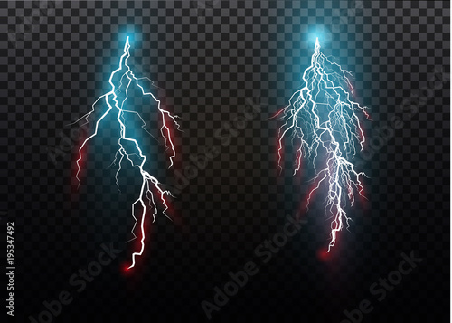 A set of lightning Magic and bright light effects. Vector illustration. Discharge electric current. Charge current. Natural phenomena. Energy effect illustration. Bright light flare and sparks