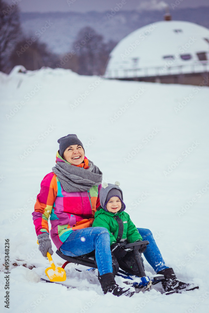 The small boy and mother  riding by sled  along snow