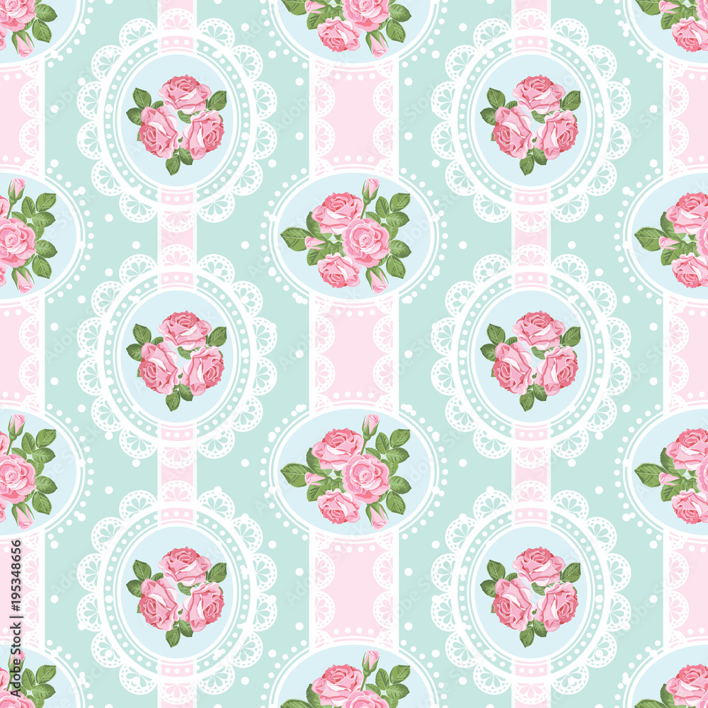 Shabby chic rose seamless pattern on polka dot background