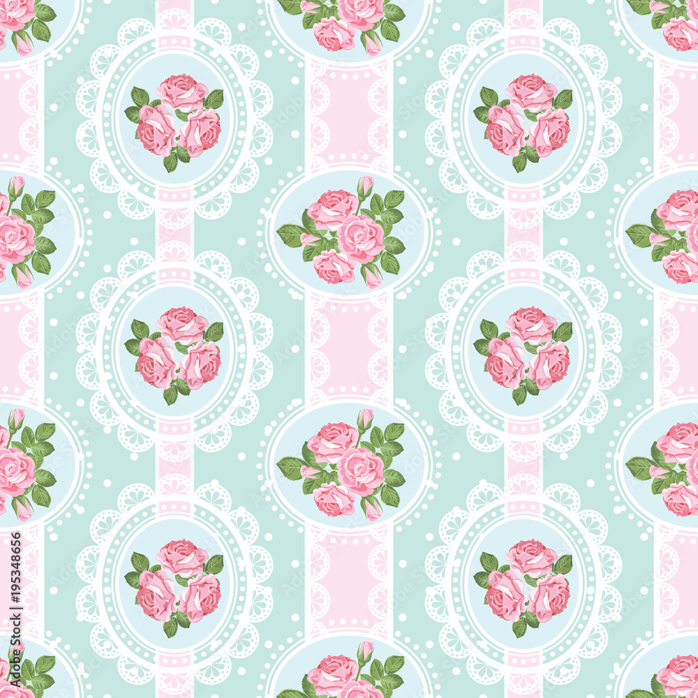 Shabby chic rose seamless pattern on polka dot background Shabby chic rose seamless pattern on polka dot background