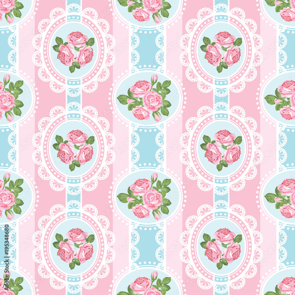 Shabby chic rose seamless pattern on pink background