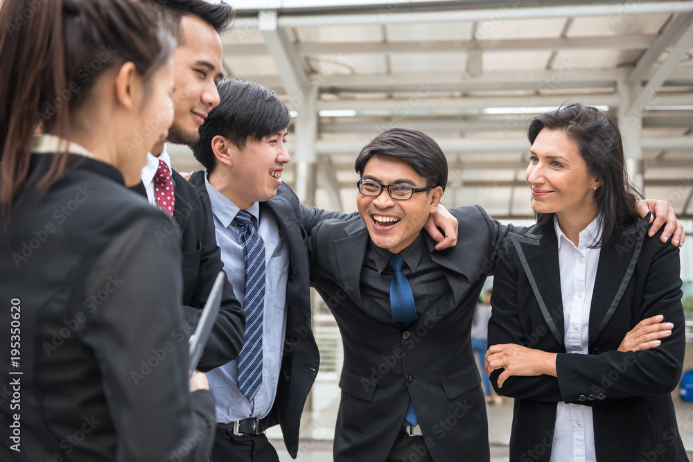 Happy business teamwork cheer up in city Happy business teamwork cheer up in city