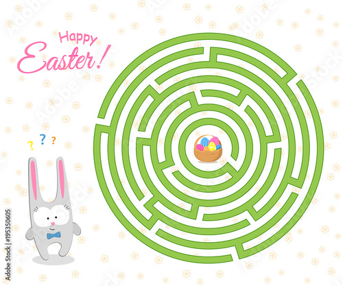 Game a maze for children The Easter cute hare is looking for a way through the labyrinth to the basket with Easter eggs A puzzle for logical thinking finding an exit solving in a game form Vector
