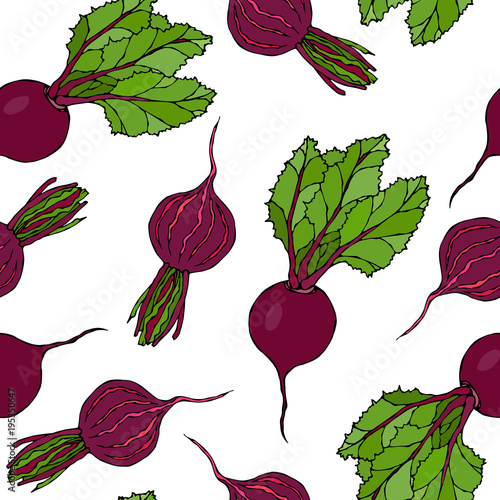 Seamless Background of Ripe Beets. Endless Pattern of Beetroot with Top Leaves and Beet Halves. Fresh Vegetable Salad. Hand Drawn Vector Illustration. Savoyar Doodle Style.