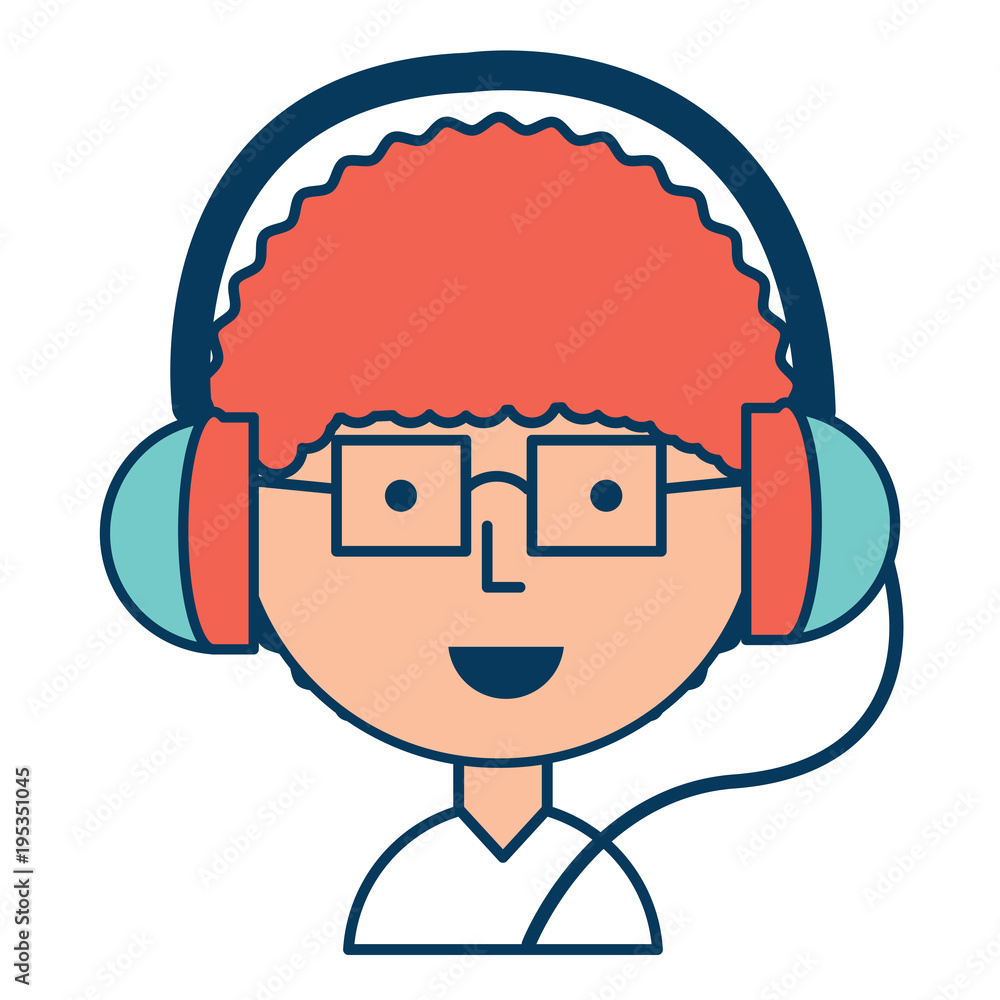 Cartoon man with glasses and headphones over white background, colorful design. vector illustration