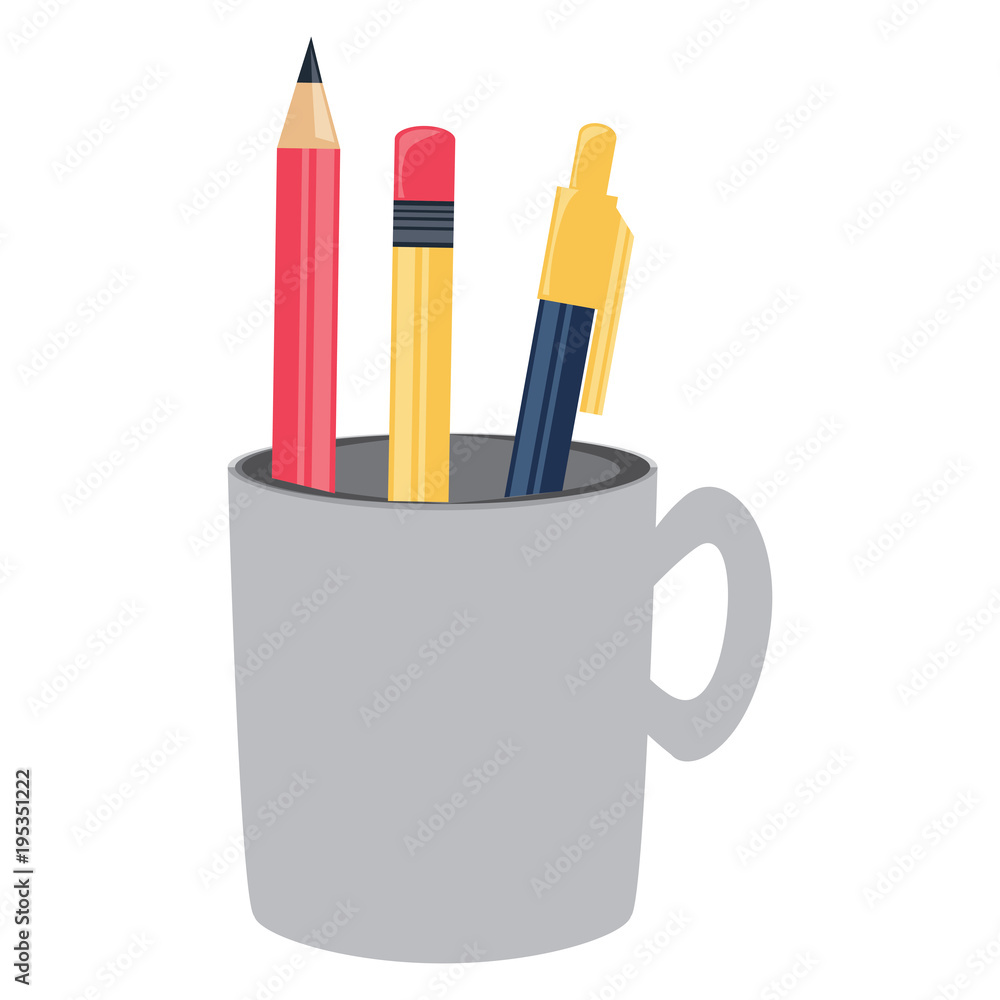 Cup holder with pencil and writing tools over white background, colorful design. vector illustration Cup holder with pencil and writing tools over white background, colorful design. vector illustration
