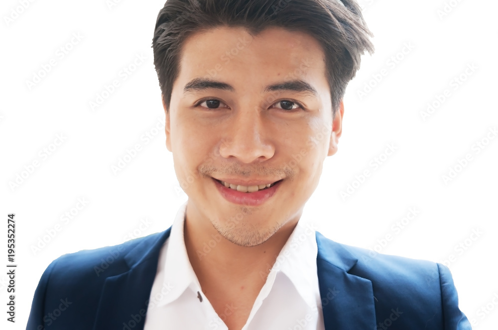 Young handsome Asian business man isolated on white looking to camera. Smart business in indigo color casual jacket. Young handsome Asian business man isolated on white looking to camera. Smart business in indigo color casual jacket.