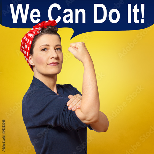 Tough and self-confident woman with a clenched fist, speech bubble with text WE CAN DO IT, tribute to american icon Rosie Riveter, square format.