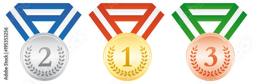 Gold, silver and bronze medals. Award ceremony. Vector icon.