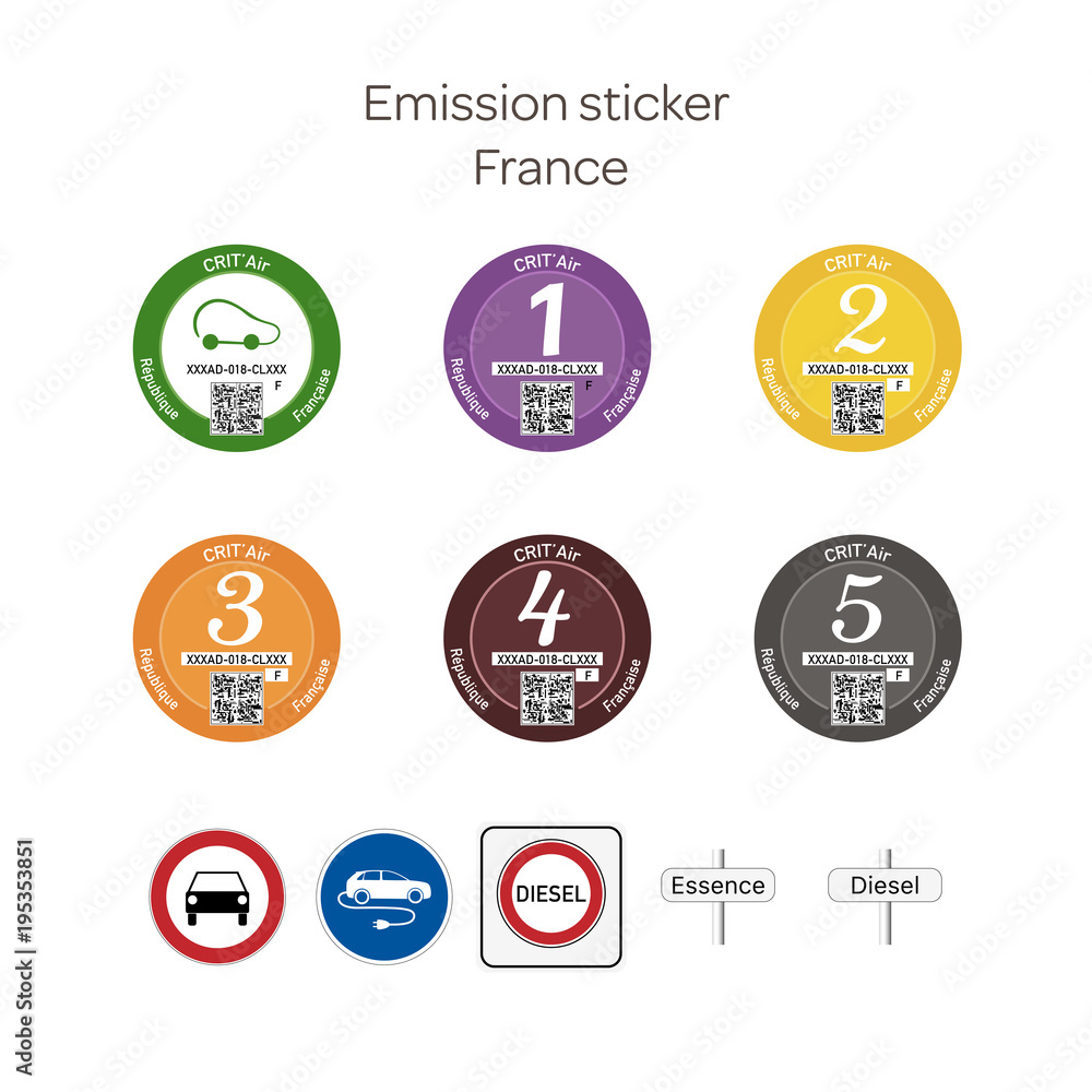 Emission sticker. French emission stickers for cars and traffic signs prohibiting the use of diesel vehicles (in French). Emission sticker. French emission stickers for cars and traffic signs prohibiting the use of diesel vehicles (in French).