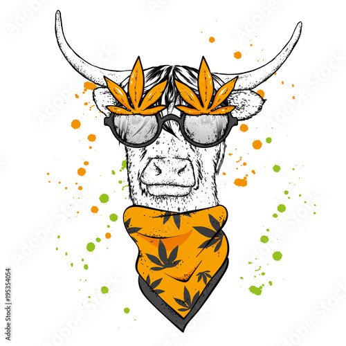 A bull with horns in glasses and a scarf. Vector illustration. Cannabis, marijuana, drugs.