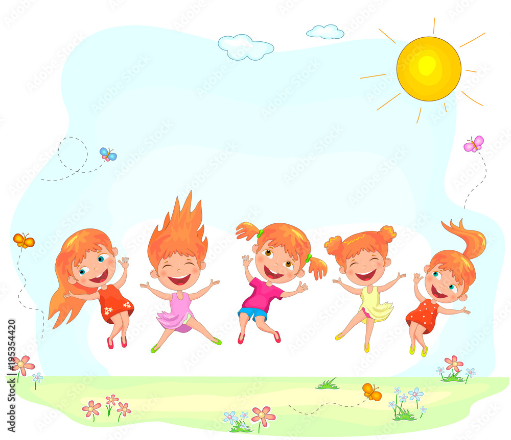 Naklejka premium Joyful and happy children jumping on the grass. Little girls are jumping on a summer sunny lawn