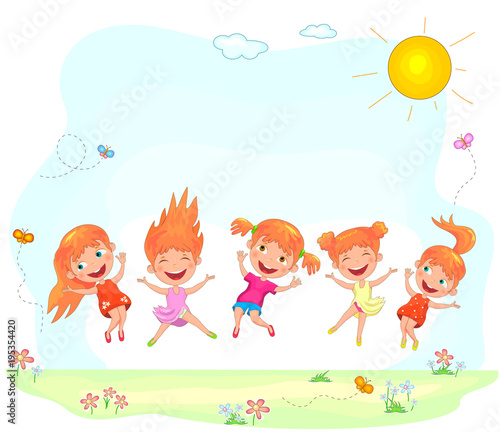 Joyful and happy children jumping on the grass. Little girls are jumping on a summer sunny lawn