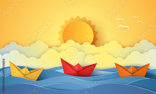 Summer time , sea with origami boat and sun , paper art style