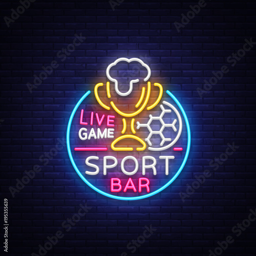 Bar bar logo in neon style. Football fan club, neon sign, light banner, beer label and soccer ball, or cup for live team championships or game tournaments. Vector illustration