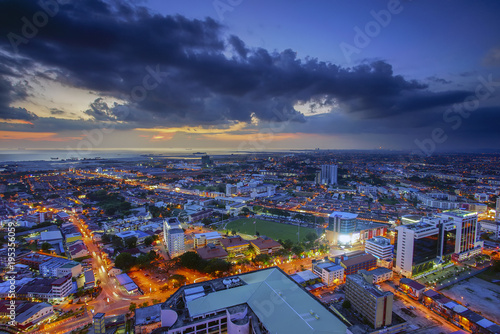 Aerial view of Malacca city during sunrise.