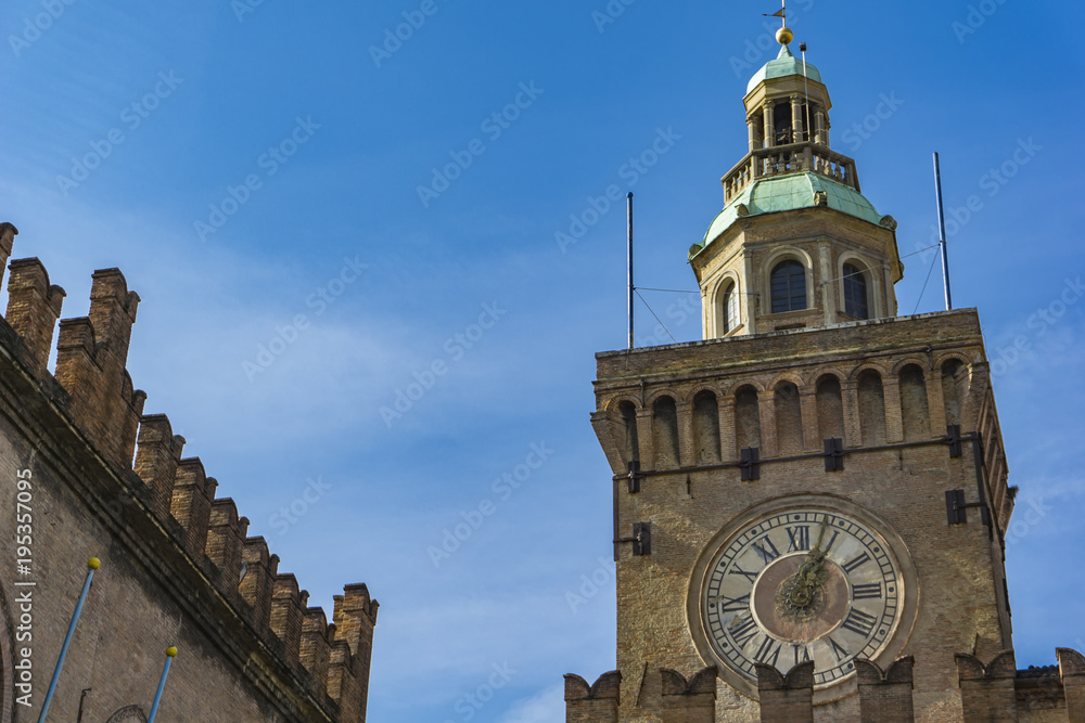 Clock Tower on Palazzo Comunale in Bologna. Italy